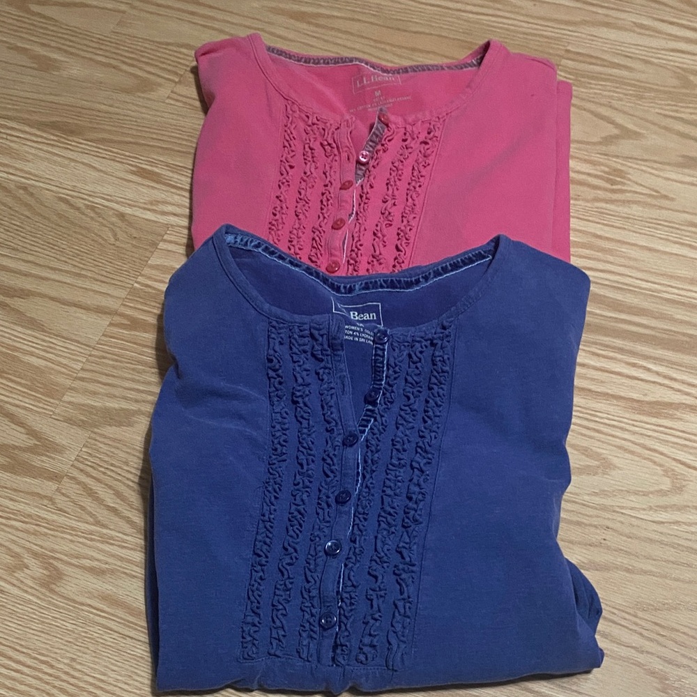 2 L.L. Bean Classic Ruffled Split Neck Pink and Blue Long Sleeve Tee Shirts M